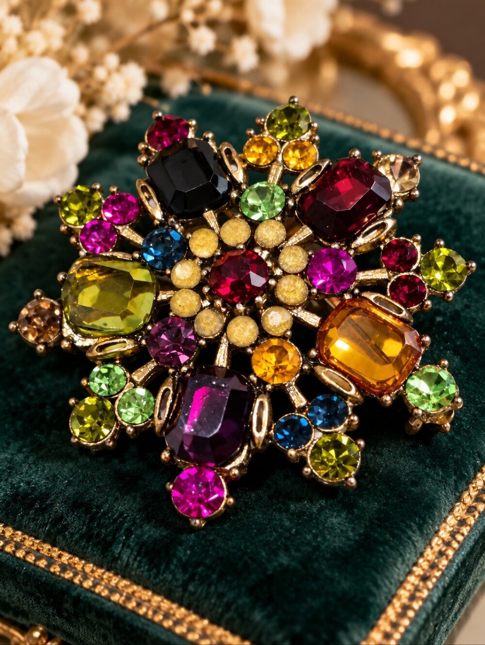 Vintage Bangkok Lucky Gems Brooch – Colorful Retro Multicolor Rhinestone Floral